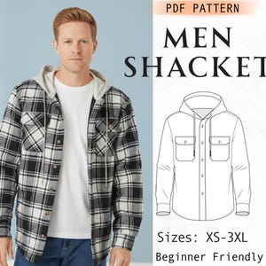 Puede incluir: Un patrón PDF para una sobrecamisa de cuadros blancos y negros con capucha gris claro y cordón ajustable. El diseño incluye dos bolsillos en el pecho con solapa, cierre frontal de botones y mangas largas. Texto: PDF PATTERN MEN SHACKET.