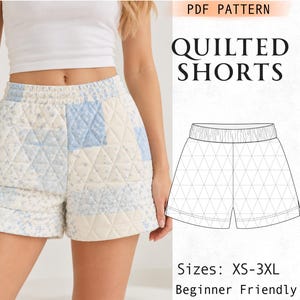 Quilted Shorts for Women Pattern, Easy High Waist Wide Leg Shorts, Patchwork Elastic Waistband Shorts, Lounge Wear Pattern, Beginner Shorts