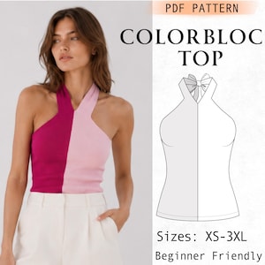 May include: A PDF pattern for a colorblock top featuring a halter neckline with a tie closure. The design includes a split-color front, shown in magenta and light pink, with technical line drawings and size range XS-3XL listed on the document.