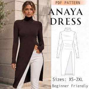 Könnte beinhalten: Ein dunkelbraunes Langarmkleid mit hohem Rollkragen und einem hohen Seitenschlitz, kombiniert mit einer weißen Hose. Das Bild enthält eine technische Strichzeichnung des Kleides mit der Aufschrift PDF PATTERN ANAYA DRESS und Größen XS-2XL.