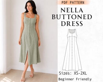 Wykrój na sukienkę lnianą, sukienka Cottagecore z guzikami z przodu, sukienka damska bez rękawów z kwadratowym dekoltem, sukienka midi w stylu vintage, rozmiary XS-3XL