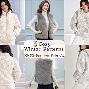 Winter Sewing Pattern Bundle PDF | Zip Sweatshirt | Faux Fur Vest | Quilted Patchwork Hoodie | Women Beginner Sewing | Sewing Patterns