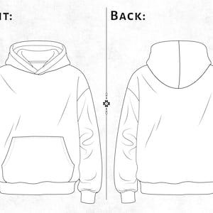 Puede incluir: Un dibujo de l&iacute;neas en blanco y negro de una sudadera con capucha mostrada de frente y de espaldas. La vista frontal presenta un bolsillo tipo canguro y una capucha, mientras que la vista trasera muestra el reverso liso con capucha.