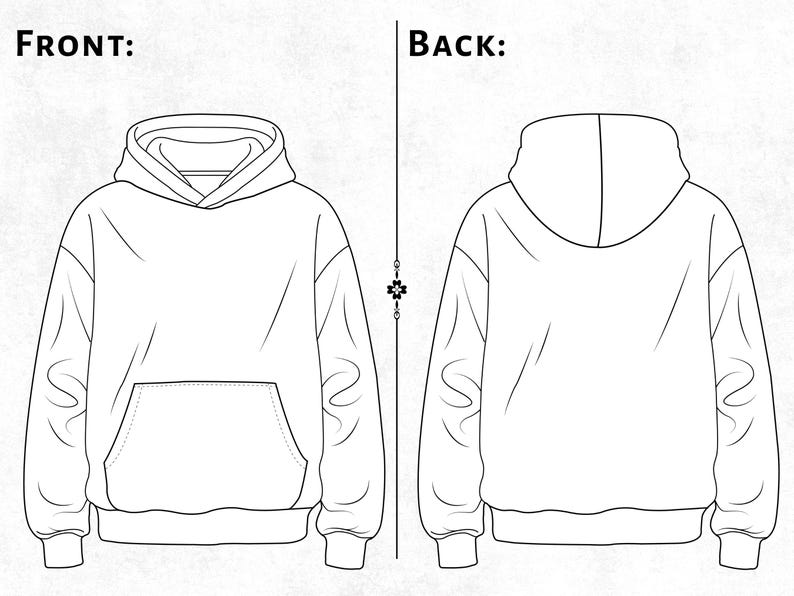 Puede incluir: Un dibujo de l&iacute;neas en blanco y negro de una sudadera con capucha mostrada de frente y de espaldas. La vista frontal presenta un bolsillo tipo canguro y una capucha, mientras que la vista trasera muestra el reverso liso con capucha.