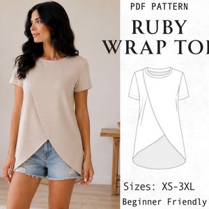 Wrap Top Sewing Pattern, Tee Sleeve Blouse Pattern, Easy Wrap Shirt, Summer cross front T-shirt, Beginner Friendly, XS-3XL, Digital PDF