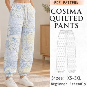 Naaipatroon voor gewatteerde patchworkbroek (PDF), joggingbroek/loungebroek, broek met elastische tailleband, winterloungebroek met elastische tailleband, XS-3XL