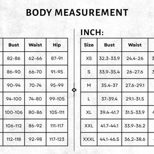 May include: A body measurement chart with black text on a white background. The chart is divided into two sections labeled CM and INCH, each containing a table with columns for Size, Bust, Waist, and Hip, listing measurements from XS to XXXL.