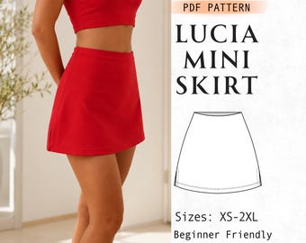 Prosty wzór na mini spódniczkę, wzór PDF na krótką spódniczkę z wysokim stanem, letnia spódnica damska dla początkujących, XS-2XL, A4, A0, US Letter