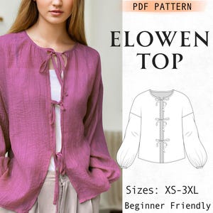 Op de afbeelding: Een magenta top met lange mouwen, een ronde halslijn en drie striksluitingen aan de voorzijde. Het kledingstuk heeft een textuurrijke stof en wijde mouwen. De afbeelding bevat de tekst PDF PATTERN, ELOWEN TOP, Sizes: XS-3XL, Beginner Friendly.