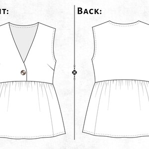 May include: A white sleeveless top with a V-neckline and a single brown button closure on the front. The garment features a gathered peplum-style waist section. The illustration displays both the front and back views of the top with labels.