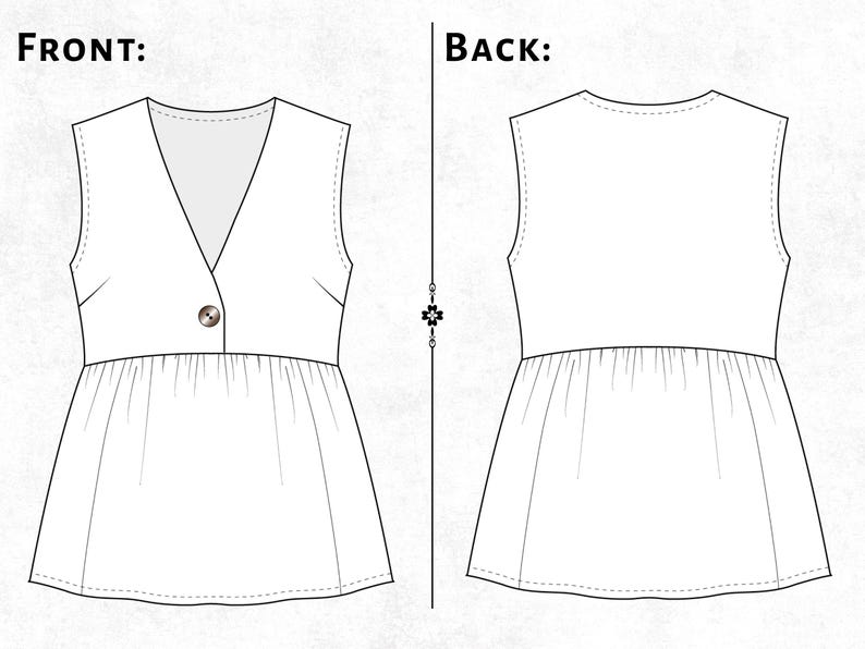 May include: A white sleeveless top with a V-neckline and a single brown button closure on the front. The garment features a gathered peplum-style waist section. The illustration displays both the front and back views of the top with labels.