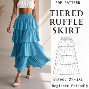 Może przedstawiać: Jaskrawoniebieska spódnica z falbanami i marszczonym elastycznym pasem. Obraz zawiera tekst PDF PATTERN TIERED RUFFLE SKIRT, czarno-biały rysunek liniowy spódnicy oraz tekst Sizes: XS-3XL Beginner Friendly.