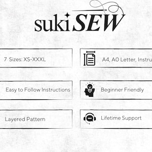May include: A digital sewing pattern information graphic for sukiSEW featuring the text sukiSEW with a needle icon. It lists features including 7 sizes from XS to XXXL, A4, A0, and Letter paper formats, easy to follow instructions, beginner friendly, layered pattern, and lifetime support.
