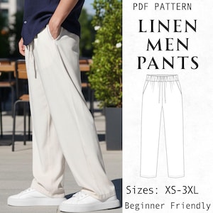Peut inclure: Pantalon blanc cassé avec une taille à cordon et des poches latérales. L'image contient le texte PDF PATTERN LINEN MEN PANTS, Sizes: XS-3XL, et Beginner Friendly, ainsi qu'un dessin au trait noir et blanc du modèle de pantalon.
