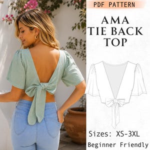 Cartamodello per top con laccetti sulla schiena, crop top con schiena scoperta, cartamodello per camicetta da donna in PDF, cartamodello per top estivo senza schienale, taglie XS-XXXL, adatto ai principianti