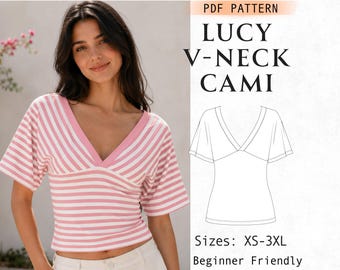 V Neck Cami Crop Top Sewing Pattern, Women’s Fitted Summer Top, Backless Y2k Top batwing sleeve, Beginner Friendly, Sizes XS-3XL