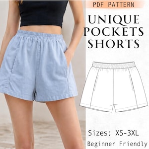 Peut inclure: Short bleu clair avec une taille élastique et des poches latérales. L'image comprend un dessin au trait noir du short et le texte : PDF PATTERN UNIQUE POCKETS SHORTS Sizes: XS-3XL Beginner Friendly.