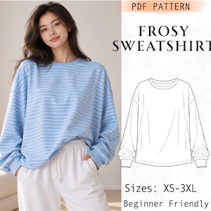 May include: A light blue sweatshirt with thin white horizontal stripes, featuring a crew neckline and long sleeves with ribbed cuffs. Next to it is a black and white line drawing of the garment with the text PDF PATTERN FROSY SWEATSHIRT Sizes: XS-3XL.