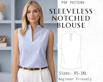 Wzór na bluzkę bez rękawów dla kobiet, prosty wzór na lnianą koszulę, elegancki, podstawowy top z wycięciem, rozmiar XS-3XL, odpowiedni dla początkujących