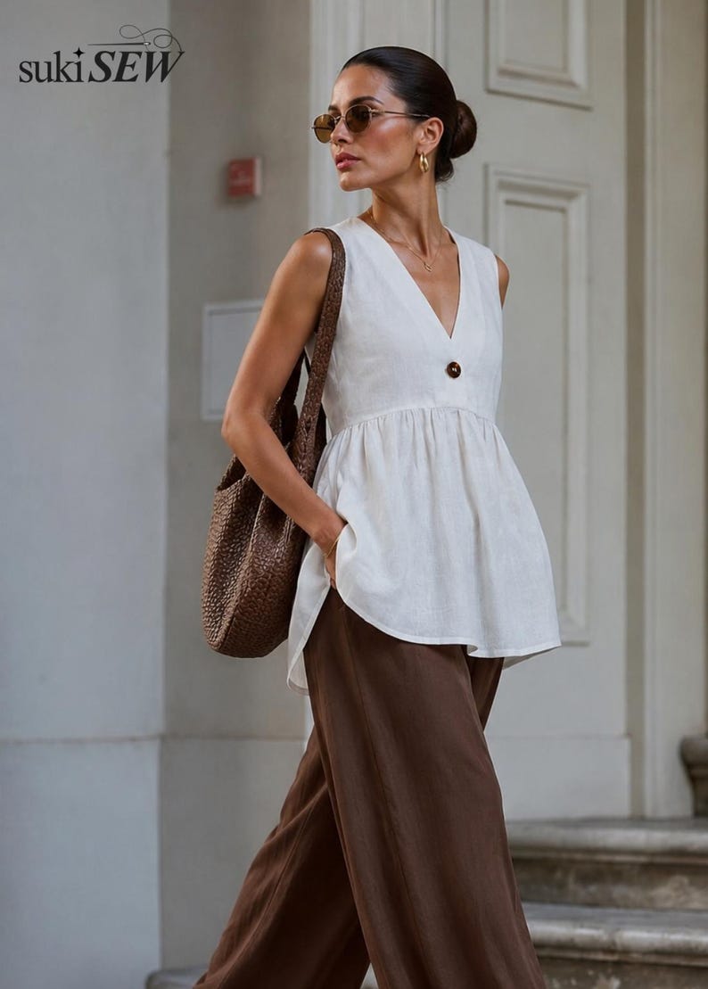 May include: A sleeveless white peplum top with a V-neckline and a single dark brown button closure, paired with loose-fitting dark brown trousers and a textured brown woven shoulder bag. The image includes the text suki SEW in the top left corner.