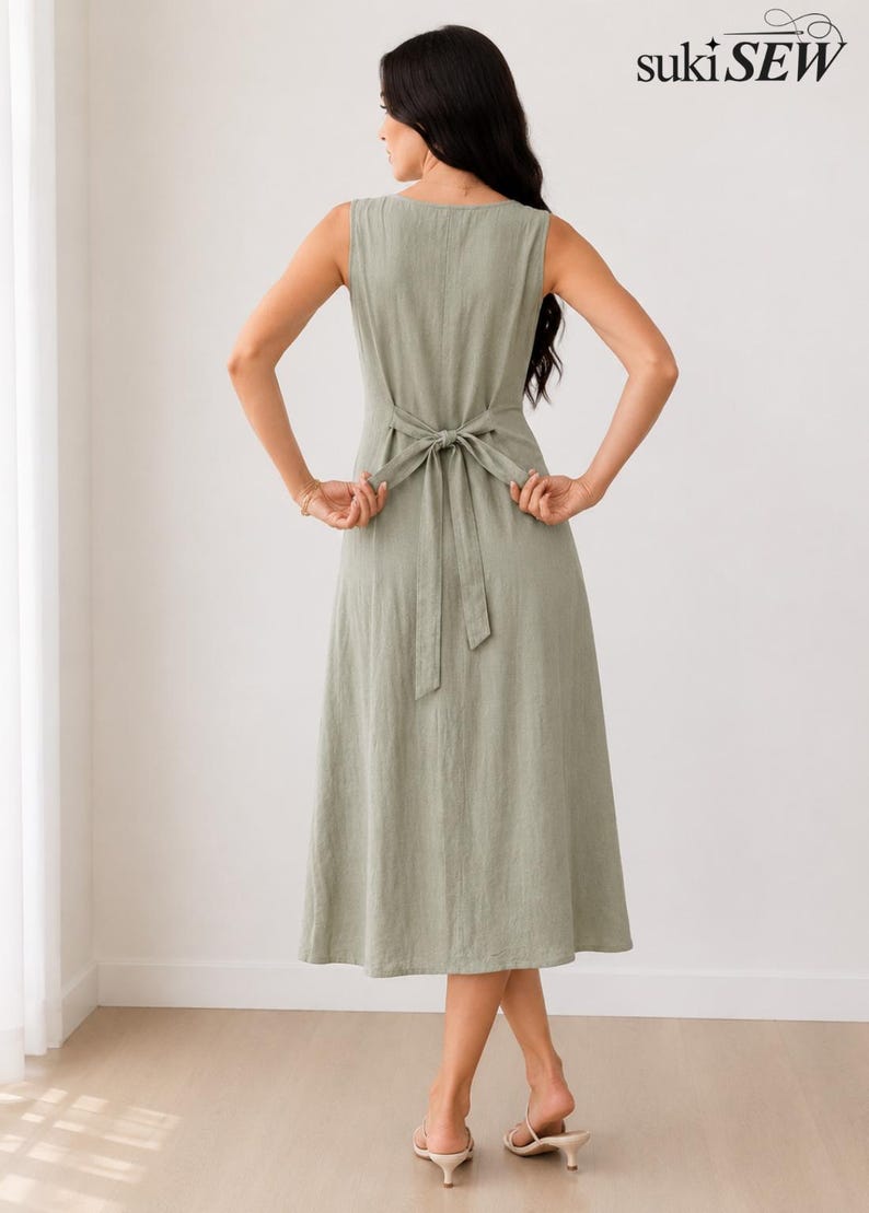 Peut inclure: Une robe midi sans manches vert sauge avec une encolure ronde et un lien &agrave; nouer &agrave; la taille dans le dos. La robe pr&eacute;sente un design simple et uni avec une jupe &eacute;vas&eacute;e qui tombe sous les genoux. Le texte suki SEW est visible en haut &agrave; droite.