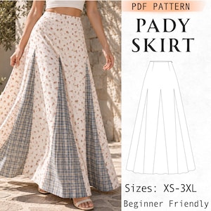 May include: A floor-length skirt featuring a cream base with a small red floral print, interspersed with blue and white plaid triangular panels. The image includes text reading PDF PATTERN PADY SKIRT, with sizes listed as XS-3XL and Beginner Friendly.