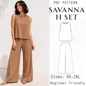 Linen Top and Pants Lounge Set PDF Pattern, Easy Sleeveless Loose Fit Shirt, Wide Leg Pants pattern, Beginner Loungewear Blouse & Trousers