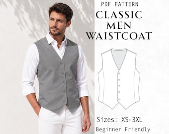 Patrón de costura para chaleco de hombre, patrón PDF sencillo para chaleco clásico, traje de chaqueta ideal para principiantes, descarga digital, tallas XS-3XL, A0, A4, tamaño carta estadounidense y guía.