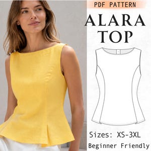Peut inclure: Un haut jaune vif sans manches avec une encolure bateau et un ourlet à basque évasé. L'image comprend un dessin technique du vêtement étiqueté PDF PATTERN ALARA TOP, avec la gamme de tailles XS-3XL et le texte Beginner Friendly.