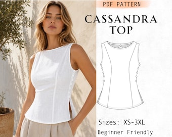 May include: A white sleeveless top with a side slit and a row of buttons along the side seam. The image includes a technical line drawing of the garment labeled PDF PATTERN CASSANDRA TOP, with text indicating sizes XS-3XL and Beginner Friendly.
