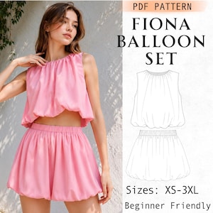 May include: A pink two-piece set consisting of a sleeveless balloon-style crop top and matching high-waisted balloon shorts. The image includes a technical line drawing of the garment labeled PDF PATTERN FIONA BALLOON SET, Sizes: XS-3XL.