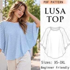 May include: A light blue and white striped top with wide, flowing sleeves and a round neckline. Next to the top is a black and white line drawing of the garment labelled PDF PATTERN LUSA TOP, with text indicating sizes XS-3XL and Beginner Friendly.