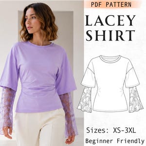 Puede incluir: Una camisa color lavanda con cuello redondo y mangas cortas con puños de encaje extendidos. La imagen incluye una etiqueta PDF PATTERN, el texto LACEY SHIRT, un dibujo lineal en blanco y negro y el texto Sizes: XS-3XL Beginner Friendly.