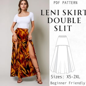 May include: A PDF pattern for a Leni Skirt Double Slit, featuring a floor-length skirt with an abstract orange, brown, and black print and two front slits. The image includes a technical line drawing of the skirt and the text PDF PATTERN LENI SKIRT DOUBLE SLIT Sizes: XS-2XL Beginner Friendly.