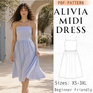 May include: A blue and white gingham midi dress with a square neckline and thin straps. The image includes text reading PDF PATTERN ALIVIA MIDI DRESS, Sizes: XS-3XL, and Beginner Friendly, alongside a black and white line drawing of the dress design.