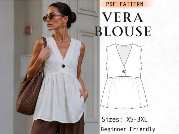 Linen V Neck Sleeveless Blouse Sewing Pattern, Easy Peplum Top PDF Pattern, Relaxed Fit Y2k Top, Button Front Top, Beginner Friendly XS-3XL