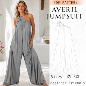 Può includere: Una tuta grigia monospalla con un dettaglio a fiocco sulla spalla e gambe larghe. L'immagine include un disegno tecnico del capo etichettato PDF PATTERN AVERIL JUMPSUIT, con taglie XS-3XL e il testo Beginner Friendly.