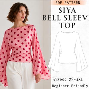Peut inclure: Un patron PDF pour un haut Siya à manches évasées, présentant un chemisier rose à pois rouges avec de larges manches. L'image inclut un dessin technique du vêtement et le texte PDF PATTERN, SIYA BELL SLEEVE TOP, Sizes: XS-3XL.