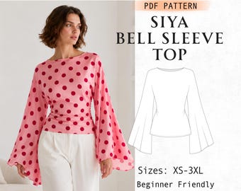 May include: A PDF pattern for a Siya bell sleeve top featuring a pink blouse with red polka dots and wide, flared sleeves. The image includes a technical line drawing of the garment and text stating PDF PATTERN, SIYA BELL SLEEVE TOP, Sizes: XS-3XL.