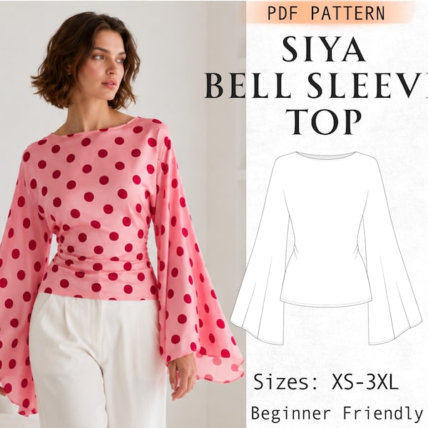 Puede incluir: Un patrón PDF para una blusa Siya de mangas acampanadas, con un diseño rosa de lunares rojos y mangas anchas. La imagen incluye un dibujo técnico de la prenda y el texto PDF PATTERN, SIYA BELL SLEEVE TOP, Sizes: XS-3XL.