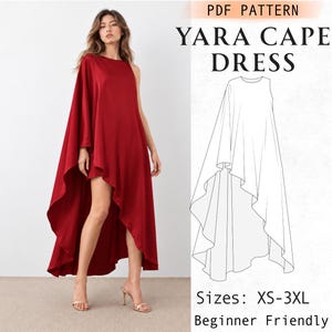 Cape Dress Sewing Pattern, Asymmetric One Sleeve Dress, Satin Evening Party Dress, Wedding Dress, Sizes XS-XXXL, Beginner Friendly