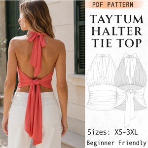 Mönster för halternecktopp med knytning baktill, mönster för lättöppnad ryggtopp, sommartopp för kvinnor Y2K, mönster för rynkad, djup V-ringad, crop top, digital nedladdning