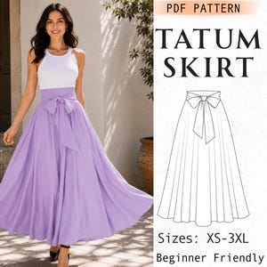 May include: A lavender high-waisted maxi skirt with a tie-front waist detail, paired with a white sleeveless top. The image includes a technical line drawing of the Tatum Skirt PDF pattern, indicating sizes XS-3XL and beginner friendly.