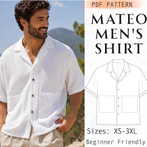 Men's Shirt Sewing Pattern, Oversized Front Pockets Short Sleeve Shirt PDF Pattern, Relaxed Fit Button Up Shirt, Summer Beach Top For Men
