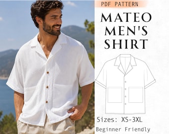 Patrón de costura para camisa de hombre, patrón PDF para camisa de manga corta con bolsillos delanteros extragrandes, camisa abotonada de corte relajado, top de playa de verano para hombre