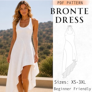 Puede incluir: Un vestido blanco sin mangas con dobladillo asimétrico y escote redondo. La imagen incluye el texto PDF PATTERN BRONTE DRESS y Sizes: XS-3XL Beginner Friendly, junto a un dibujo lineal en blanco y negro del diseño del vestido.