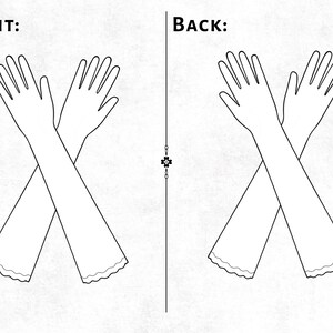 May include: A black and white line drawing showing the front and back views of a pair of long opera gloves. The gloves feature a scalloped edge at the wrist opening and are positioned in an overlapping X shape on both sides of the central divider.
