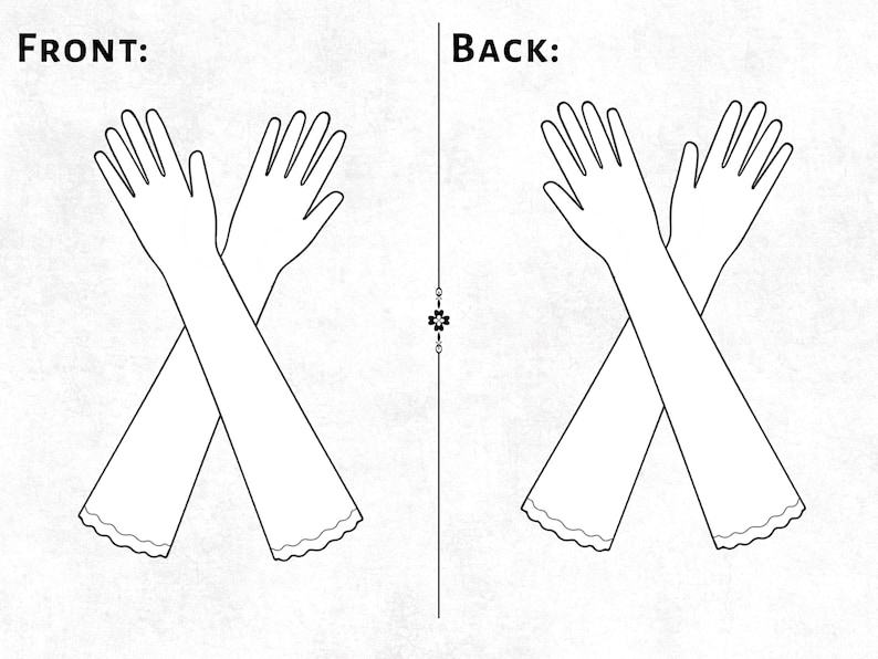 May include: A black and white line drawing showing the front and back views of a pair of long opera gloves. The gloves feature a scalloped edge at the wrist opening and are positioned in an overlapping X shape on both sides of the central divider.
