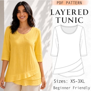 Può includere: Una tunica gialla con maniche a tre quarti e un orlo a strati. L'immagine include un disegno al tratto in bianco e nero dell'indumento etichettato PDF PATTERN, LAYERED TUNIC, e Sizes: XS-3XL, Beginner Friendly, che mostra i dettagli.