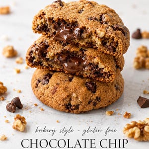 Op de afbeelding: Een stapel van drie goudbruine chocolade-walnootkoekjes met zichtbare gesmolten chocolade in het midden. De tekst luidt: bakery style - gluten free CHOCOLATE CHIP WALNUT COOKIES. Verspreide walnootstukjes en chocoladestukjes omringen de koekjes.